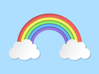 Rainbow paper cut illustration. Colorful volumetric rainbow with white clouds on soft blue background. Best for web, print, stickers, cards and festive design. Editable vector illustration EPS 10.
