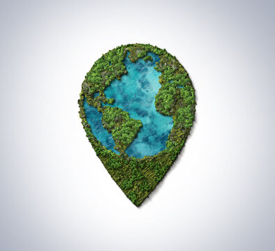 World Location Green 3d Icon  illustration. Green location symbol of pin. Earth shape on location pin concept of World Tourism Day.