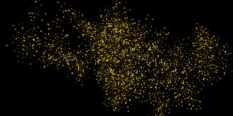 Golden glitter confetti on a black background. Illustration of a drop of shiny particles. Decorative element. Luxury background for your design, cards, invitations, gift, vip.