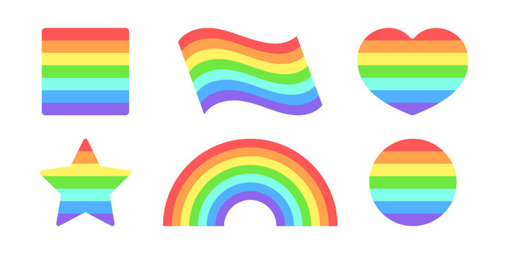 Rainbow colored design elements collection. Different shapes in colors of LGBT community isolated on white background. Best for polygraphy, print, stickers, cards and web design.