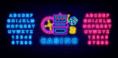 Casino neon label. Roulette, slot machine sign. Shiny blue and pink alphabet. Gambling game. Vector stock illustration