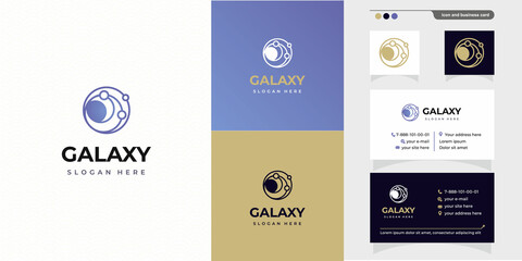 Galaxy Logo template with creative modern concept logo and business card design premium. Orbit planets in round icon for logo IT, concept design from space exploration, astrology. Vector illustration