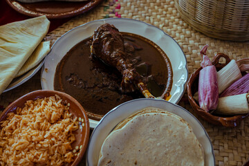 Mole poblano dish with turkey accompanied by red rice and handmade corn tortillas