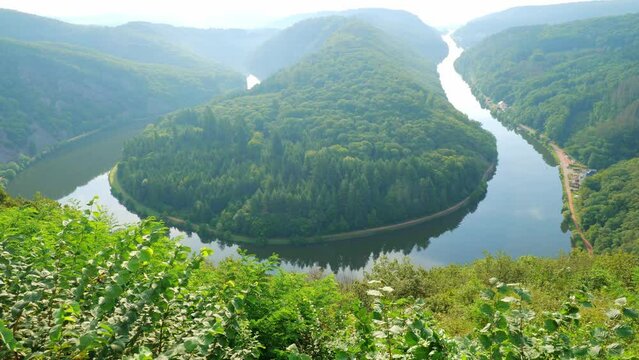 panoramic of Saarschleife - Saar river loop in Saarland, Germany. landmarks, travel guide and postcard. landscape banner