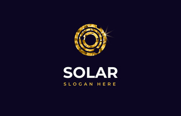 Solar golden glitter Logo creative modern concept design premium. Orbits planets in round icon for logo IT, concept design from space exploration, astrology. Vector illustration