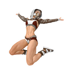 muscular woman in a cyberpunk suit is doing a summer jump