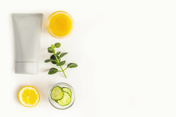 Banner of natural, skin care products. Mock up for cosmetics based on natural ingredients with copy space on a white background. Home made skin care. Self care. Flat lay