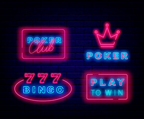 Poker club neon signs collection. Casino label set. Glowing bingo badge. Vector stock illustration