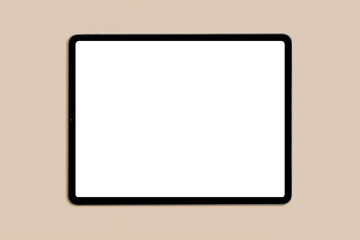 Mockup of new version tablet in trendy thin frame design with white screen on solid beige background for presentation web design, social media design 