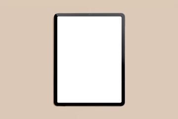 Mockup of new version tablet in trendy thin frame design with white screen on solid beige background for presentation web design, social media design 