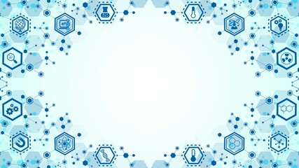 Vector blue background frame with symbols. Icons science, study, human mind. Pattern of hexagons, lines. Plexus of puzzle. Magnet. Chain of molecules. Poster  technology, business, social network.