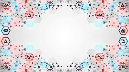 Vector background frame with icons. Symbols of people, communication, mobile network. Pattern of glow hexagons, lines. Plexus of puzzles. Chain of molecules. Poster technology, business, science.