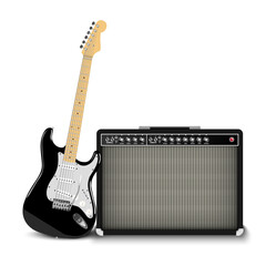 Electric guitar and classic guitar amplifier isolated on white background, vector illustration - obrazy, fototapety, plakaty
