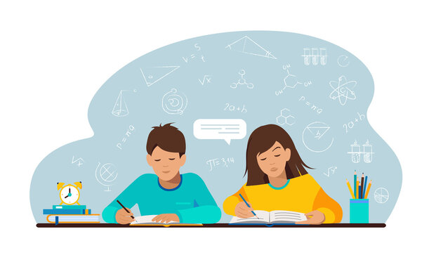 Students take exams, write tests, education concept. Vector illustration