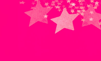 Festive background with golden stars in light shade of wildberry. Summer Color Trends 2022, Attention-grabbing Palettes. Bright colorsfor seasonal projects. Blurred effect 