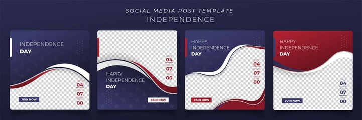 Set of social media post template with blue red and white background for US independence day design - obrazy, fototapety, plakaty