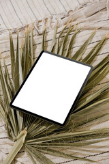 Summer lifestyle mockup of new version tablet in trendy thin frame design with white screen on...