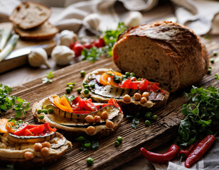 Sourdough bread open faced sandwiches with hummus, grilled zucchini and tomatoes on a rustic board, close up view. A healthy and delicious vegetarian food - 512430392