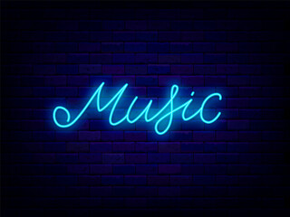 Music neon lettering word. Blue text icon. Talent show. Musical concert. Light sign. Vector stock illustration