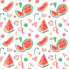 Watercolor hand-drawn seamless summer pattern. Botanical tropical print with watermelon. Art for fruity packs, fabrics, textiles etc.