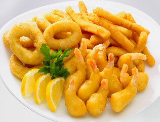 Calamares y langostinos empanados y fritos. Breaded and fried prawns and squid.