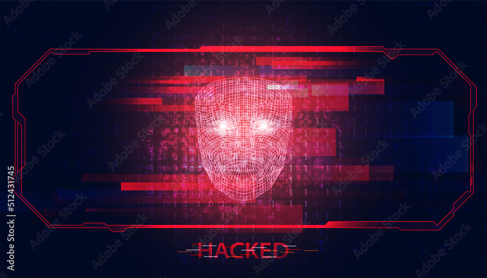 Poster abstract hacker face digital concept steals information from computers on the network. in the intern