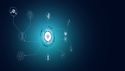 Abstract health science consist health plus circle icons digital technology concept  modern medical on hi tech future blue background.