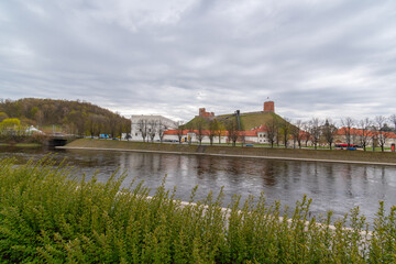 Gediminas tower and the old arsenal view accros the river Neris, Vilnius, Lithuania.