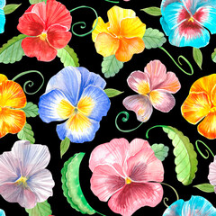 Watercolor seamless floral pattern. Botanical art for textile and fabric. Multicolor bright pansies with leaves at black background.