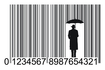 Business Concept illustrations. Commercial barcode with numbers in the form of rain. A man with an umbrella defends himself from the elements.