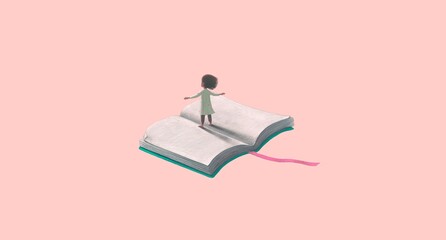 Book of imagination with a girl, Education dream hope inspiration and freedom concept, surreal painting. Fantasy art, conceptual artwork, happiness of child , 3d illustration