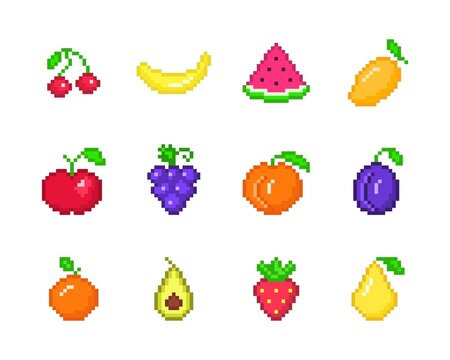 Fruits Coloring Clipart Vector, Colorful Fruit Pixelized Video