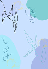 Fototapeta na wymiar The illustration belongs to the type of background and textures. Green, lilac swabs and flowers and leaves paint thin black line