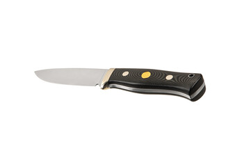 Modern hunting knife with silver blade and rubber handle. Steel arms. Isolate on a white back