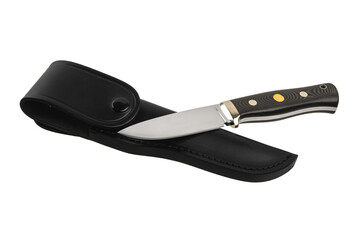 Modern hunting knife with silver blade and rubber handle. Steel arms. Isolate on a white back