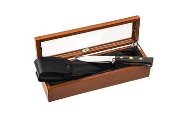 Modern hunting knife with silver blade and rubber handle. Steel arms. Isolate on a white back