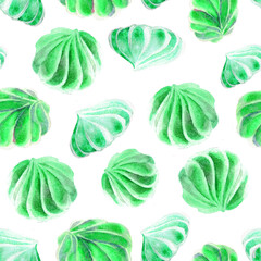 Background seamless green turquoise watercolor meringue Cakes. The texture of Desserts made of sweets for packaging design. Confectionery for cafes.