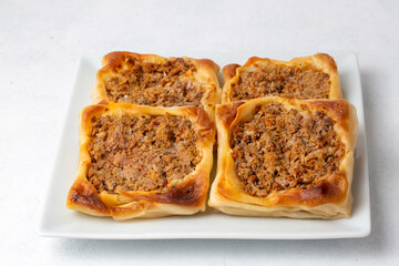 Traditional delicious Turkish foods; Kaytaz pastry with minced meat of Turkey Hatay - Antakya region (Turkish name; Kaytaz boregi)
