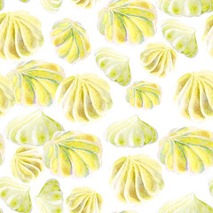 The background is seamless yellow orange watercolor meringue Cakes. The texture of Desserts made of sweets for packaging design. Confectionery for cafes.