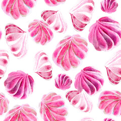 Background seamless red pink watercolor meringue Cakes. The texture of Desserts made of sweets for packaging design. Confectionery for cafes.
