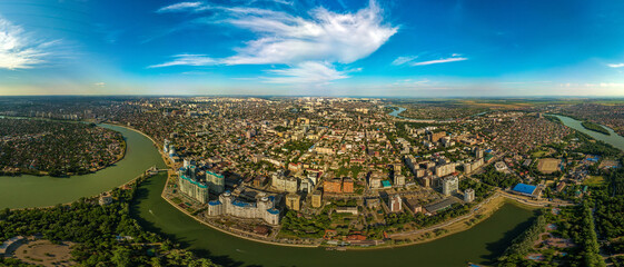 high aerial panorama of the city of Krasnodar (South of Russia) near Zaton on a sunny summer day