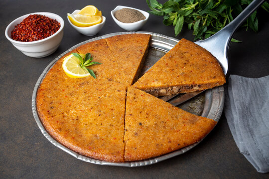 Traditional food of Antakya - Turkey, oruk in the tray. (Turkish name; Tepside icli kofte, tepside oruk, tepsi orugu, sini kofte) Hatay Oruk food.