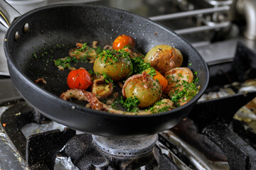 Process of frying seafood with vegetables. Seafood recipes