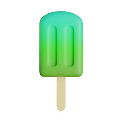 Green blue ice cream on stick. Green ice cream with fruits on wooden stick. Frozen juice. Summer cold dessert. Popsicles. Ice cream icon. 3d illustration. 3d render.