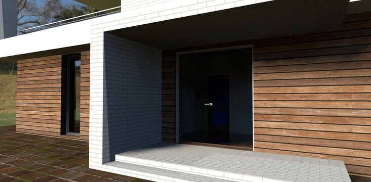 The render of high tech house transparent door