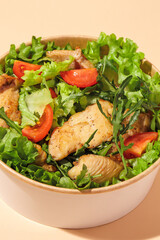 Fresh vegetable salad with grilled chicken breast - tomatoes, cucumbers, mix lettuce leaves. Chicken salad. Healthy food. Isolated