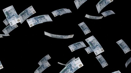 Many wads of money on black background. 1000 russian ruble banknotes. Stacks of money. Financial...