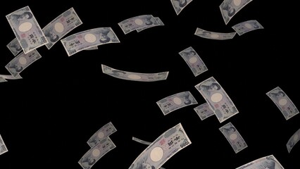 Many wads of money on black background. 1000 Japanese Yen banknotes. Stacks of money. Financial and...