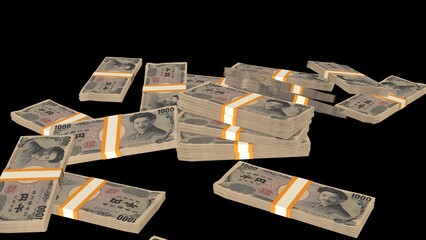 Many wads of money on black background. 1000 Japanese Yen banknotes. Stacks of money. Financial and...