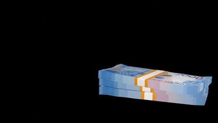 Many wads of money on black background. 2000 russian ruble banknotes. Stacks of money. Financial...